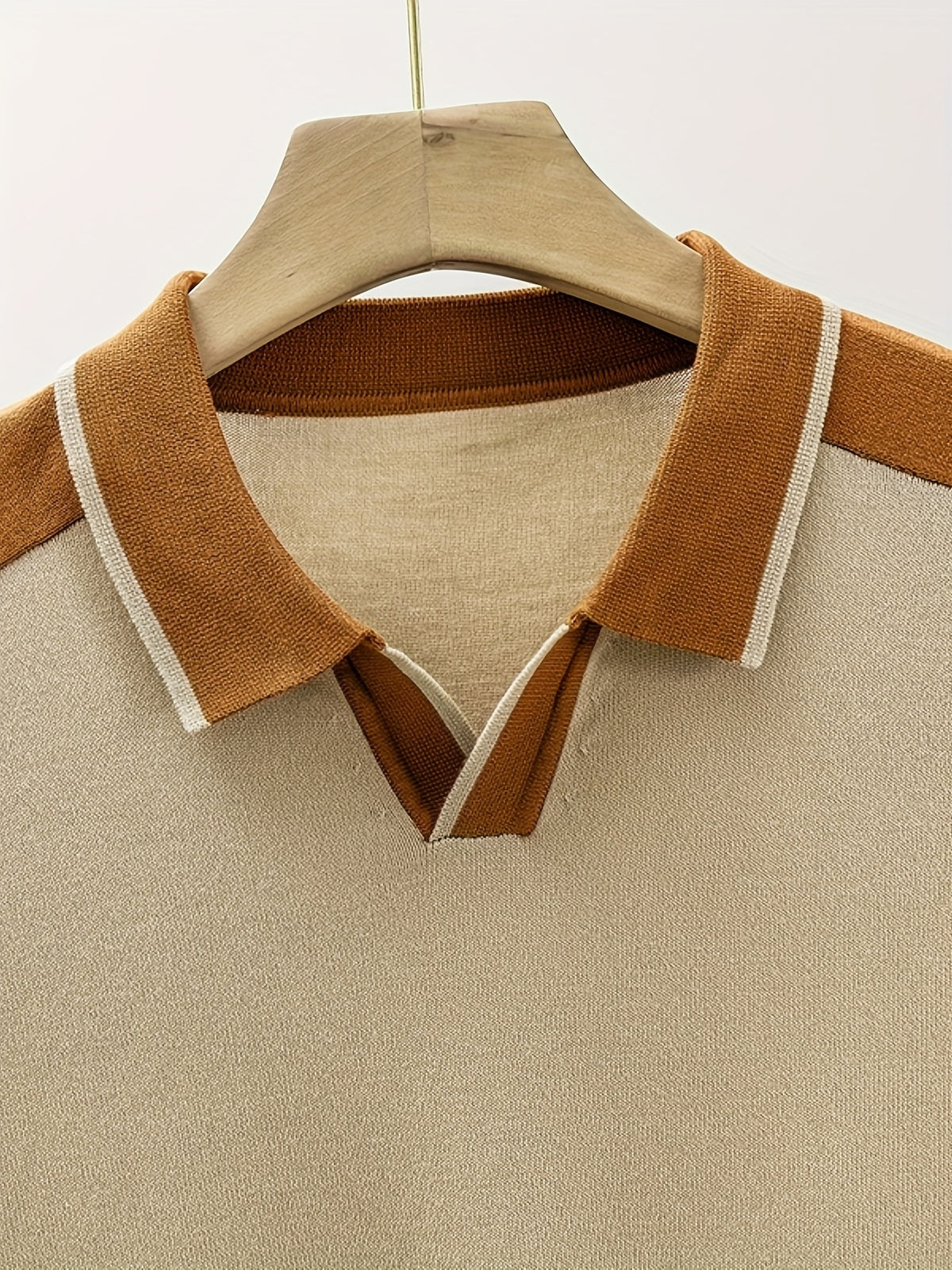 Men's Color-Block Summer Breathable Saddle Shoulder Knit Shirt, Short Sleeve Lapel V-Neck Casual Light Business Knit Top - Apricot