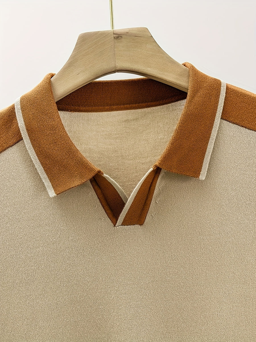 Men's Color-Block Summer Breathable Saddle Shoulder Knit Shirt, Short Sleeve Lapel V-Neck Casual Light Business Knit Top - Apricot