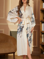 European and American Vintage Loose Bohemian Mid-Length Peacock Print Elegant  Fashion Kimono Cardigan Uechi Casual Homewear Tie-Up Yukata Nightgown Lightweight Outerwear Summer Beach Vacation Swimsuit Cover-Up Top - Apricot