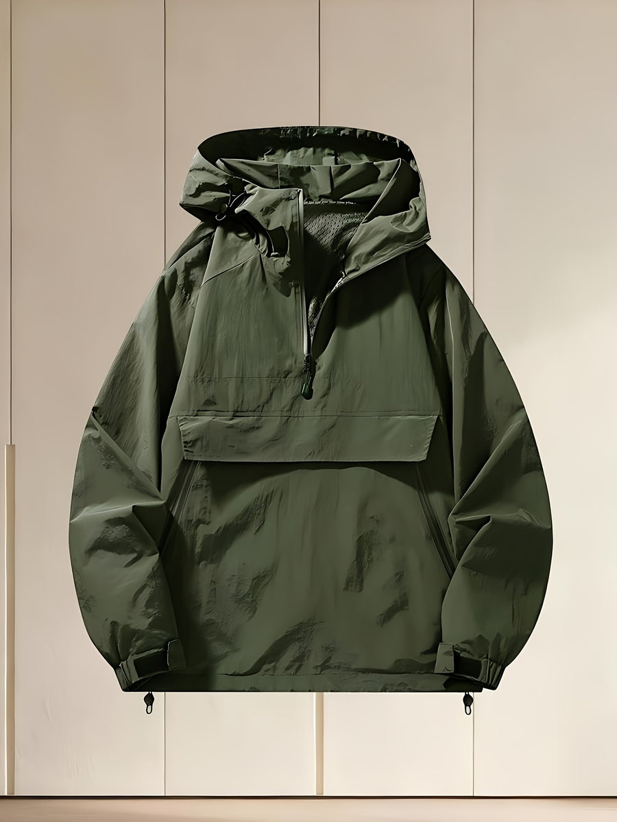 Men's Spring/Autumn Hooded Windbreaker Jacket, Loose Fit Plus Size Trendy Versatile Half-Zip Casual Workwear Jacket, Fashionable Thin Half-Zip Outerwear Suitable for Outdoor Sports, Travel, Hiking, and Adventure Wear - Olive Green