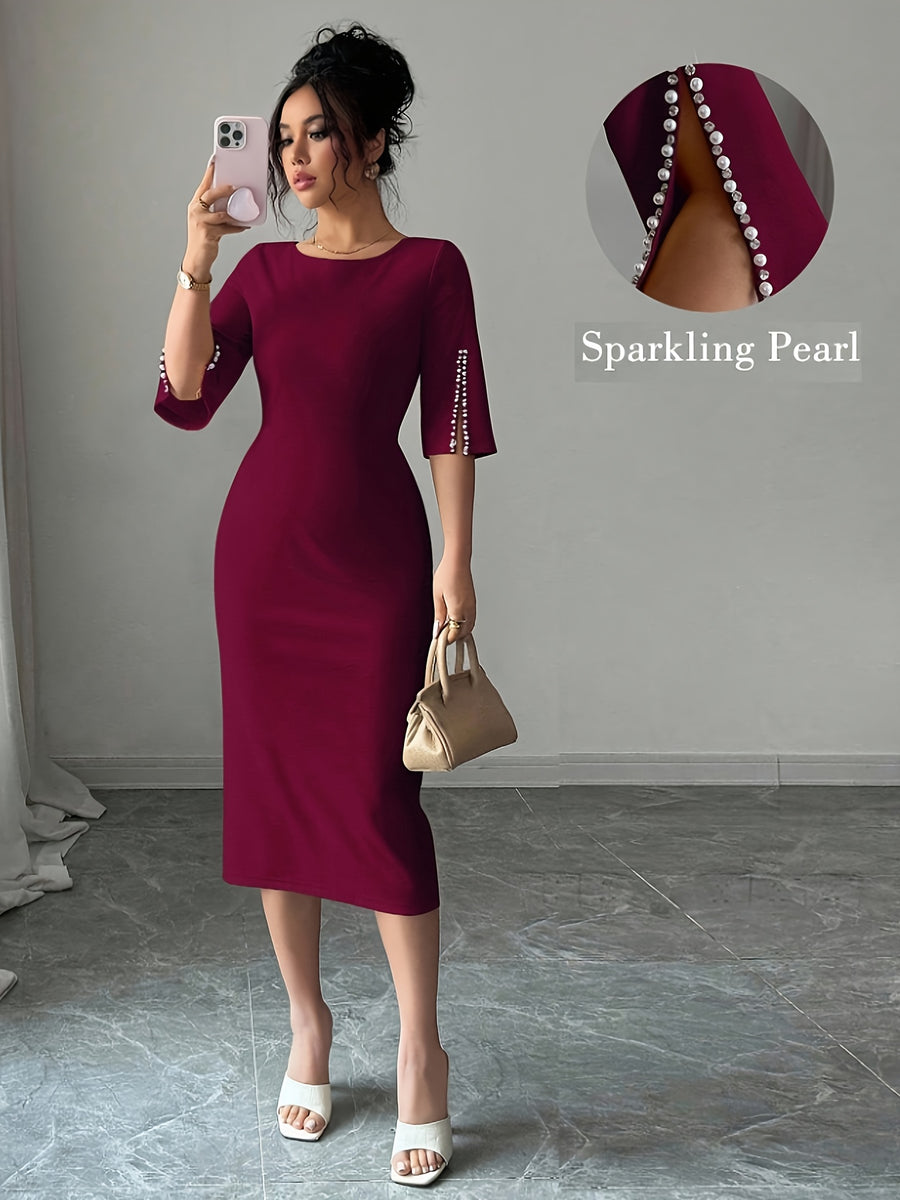 Women'S Pearl Embellished Round Neck Waist Ruffled Elegant Romantic Bridesmaid Dress - Burgundy
