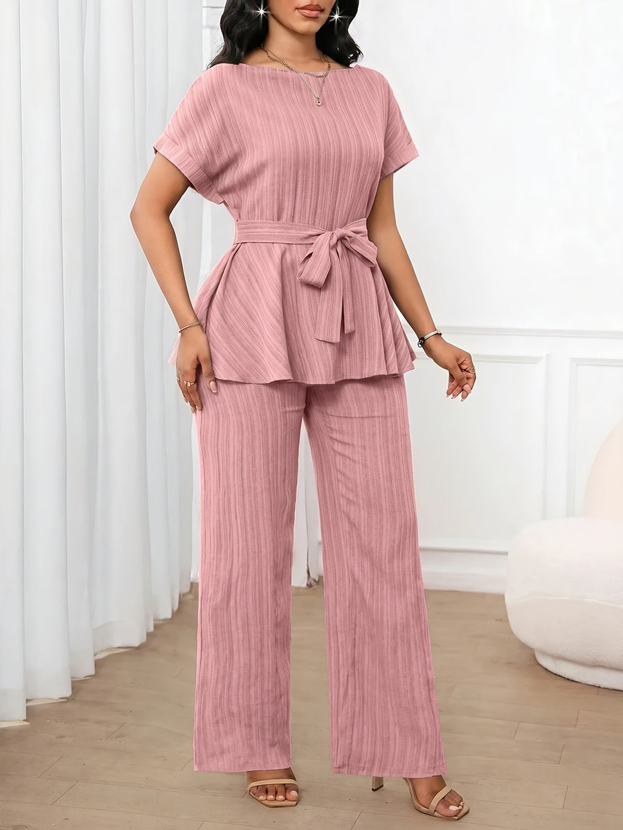 Women'S 2pcs Set, 1pc Short Sleeve Top And 1pc Loose Straight Pants Suitable for Spring Summer Wear - Pink Color