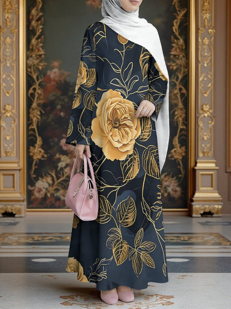 Women'S Hot Middle Eastern Style Muslim Elegant Robe, Black Background with Golden Large Rose Print, Grand Light Luxury Long Sleeve Flared Dress, Ideal for Festivals, Gatherings, And Travel, Good Drape Non- Craft - Mixed colors
