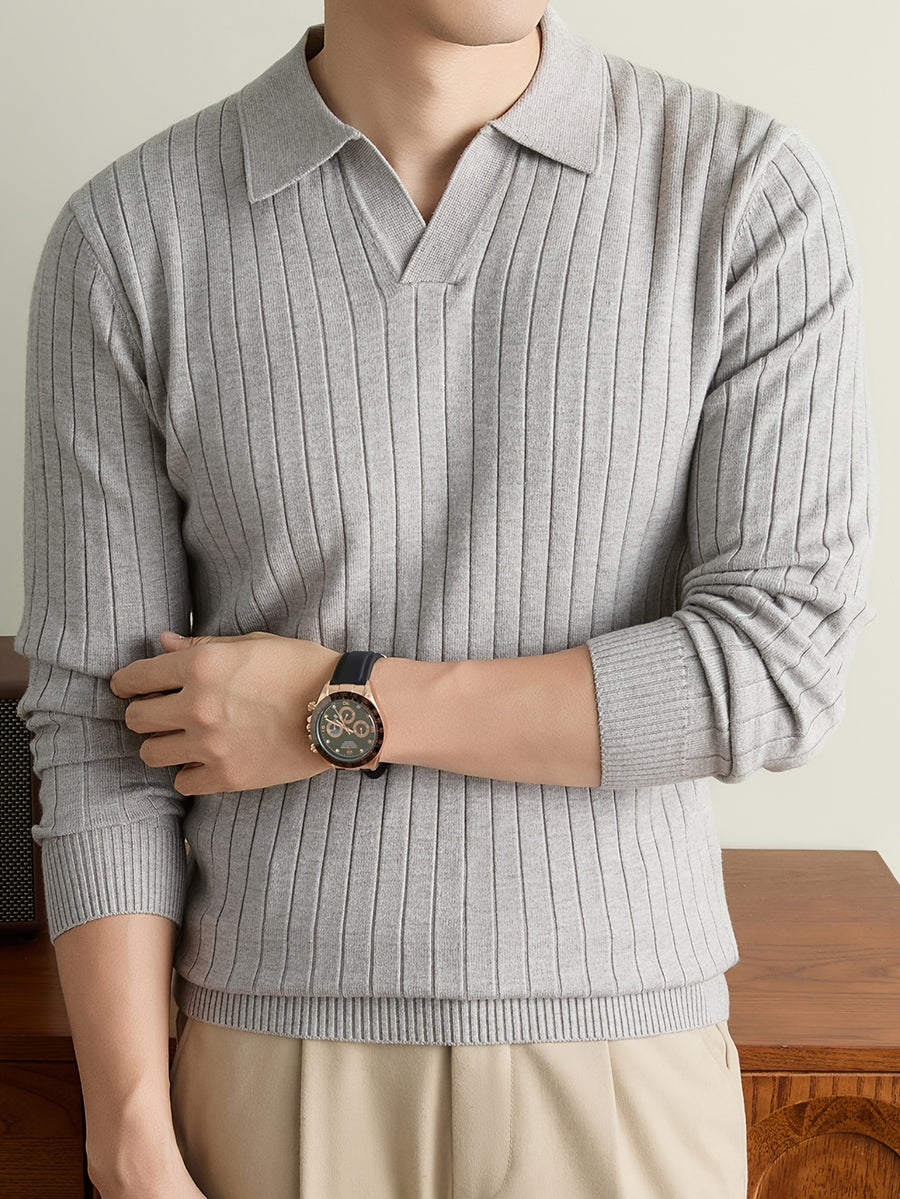 Autumn Winter Men'S Sweater, Lapel Men'S Long Sleeve Sweater, Casual Solid Color Pinstripe Seagull Collar Knit Warm Pullover POLO Shirt, Daily Commute Outdoor Holiday Wear POLO Shirt Sweater - Beige gray