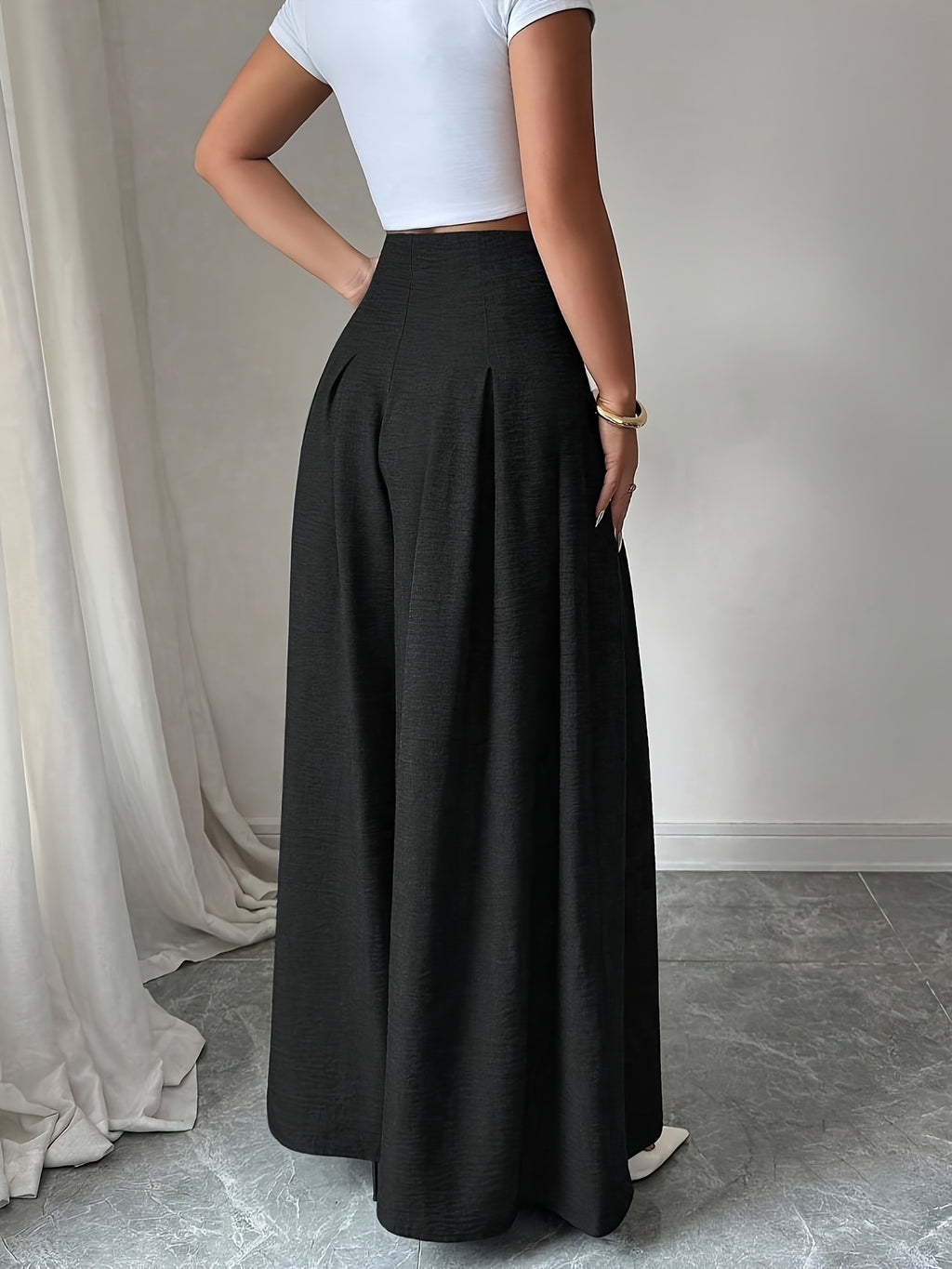 Women's Button-front Loose-fit Casual Wide-leg Pants, Simple and Stylish Solid-color Trousers for Daily Outings, Pairable with Various T-shirts, Jackets, and Trench Coats. Regular Thickness, Suitable for Spring, Summer, and Autumn - Black