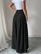 Women's Button-front Loose-fit Casual Wide-leg Pants, Simple and Stylish Solid-color Trousers for Daily Outings, Pairable with Various T-shirts, Jackets, and Trench Coats. Regular Thickness, Suitable for Spring, Summer, and Autumn - Black