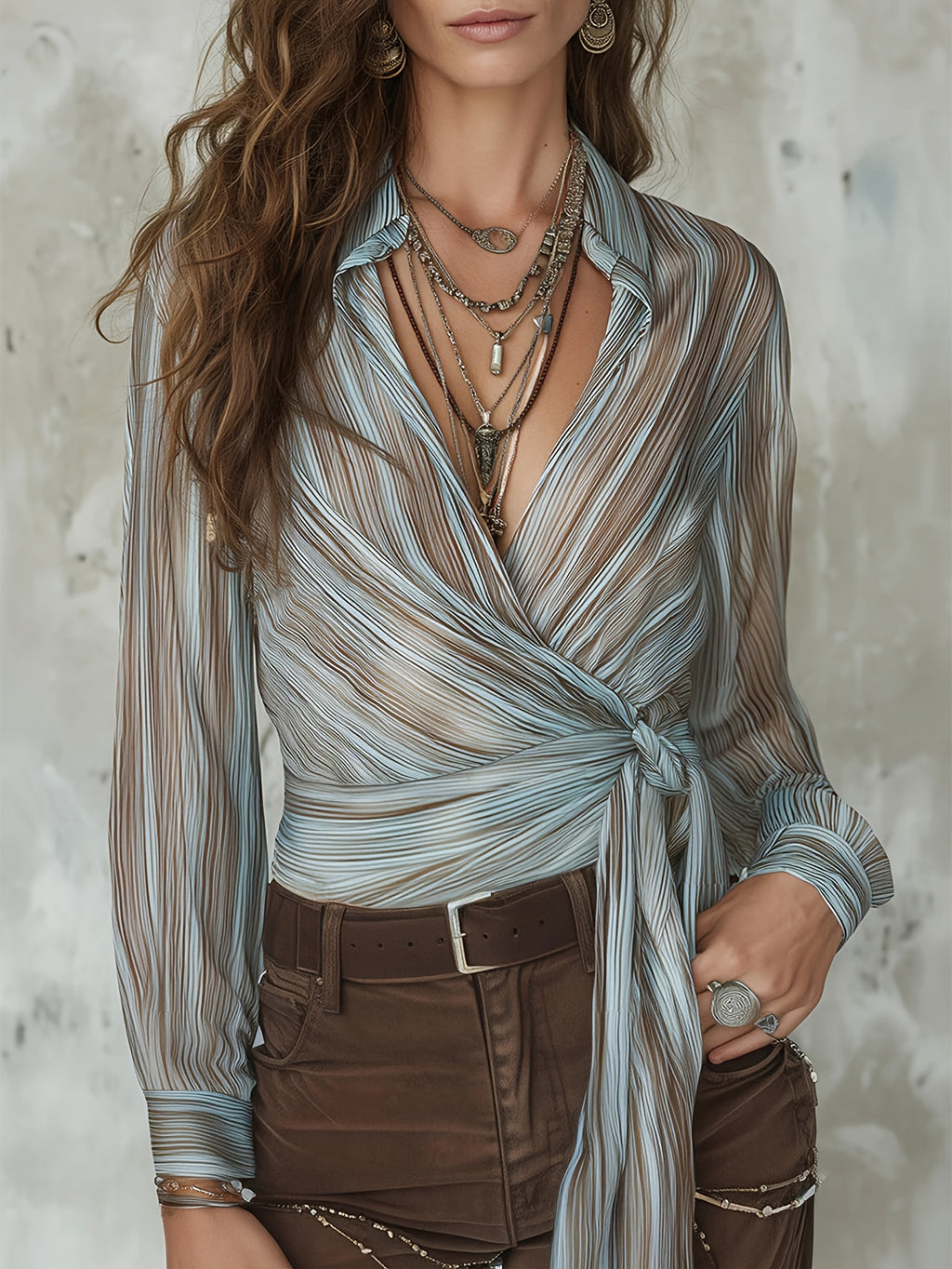Vintage Striped Chiffon Shirt with One-sided Tie Detail - Peacock Blue