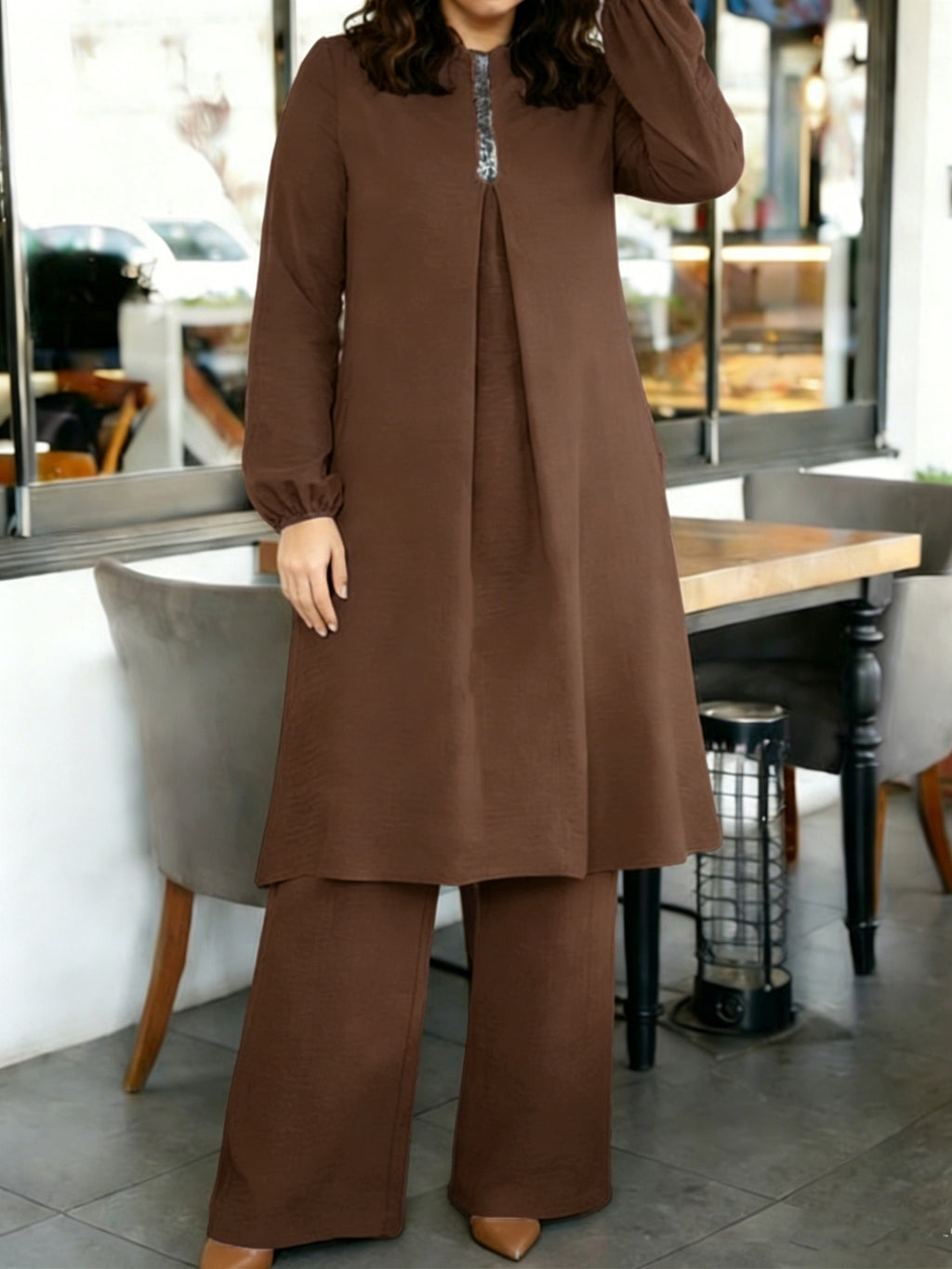Eid | Plain Sequin Muslim Fall/Winter 2pcs Jilbab Set | Elegant Plain Sequin Abaya Women Modest Dress And Loose Wide-Leg Pants | Modest Outfit for Daily And Festive Wear - Coffee Color