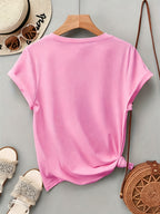 Summer Western Architectural Print Round Neck Regular T-Shirt, Casual Regular Printed Top - Pink