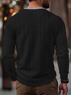 ROYALBOY Men's Long Sleeve Drawstring Perforated Design Soft Textured Henley Shirt with Small Logo, Suitable for Outings, Parties, and Casual Wear - Black