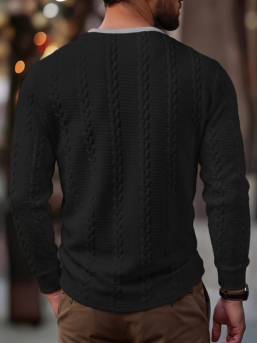 ROYALBOY Men's Long Sleeve Drawstring Perforated Design Soft Textured Henley Shirt with Small Logo, Suitable for Outings, Parties, and Casual Wear - Black