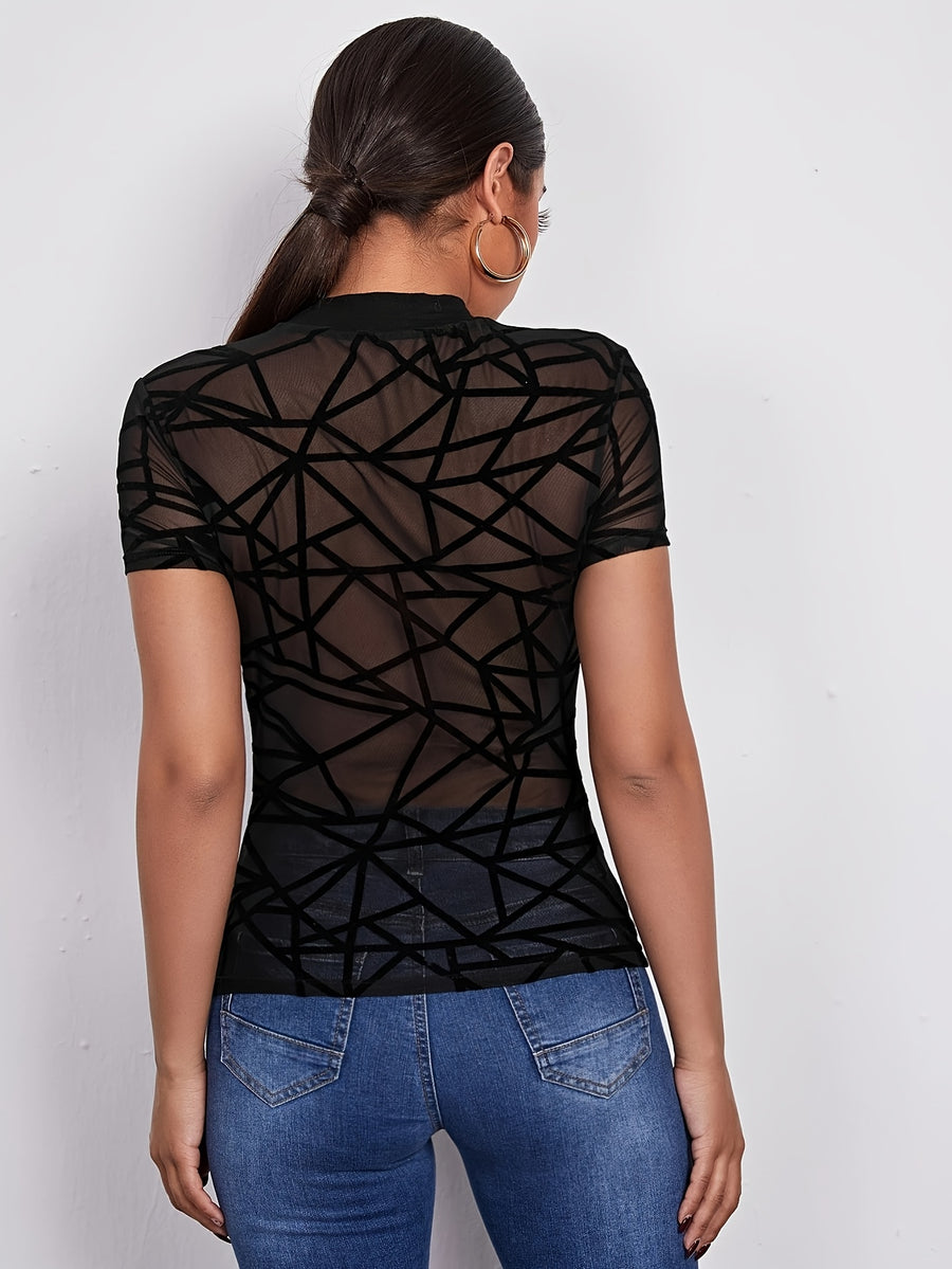 Women's Black Geometric Mesh Bodysuit - Black