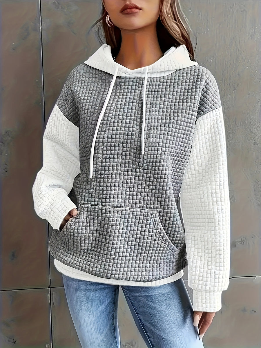 Autumn/Winter European and American Fashion Trendy Wide Fit Casual Loose Color Block Patchwork Pullover Hooded Versatile Sweatshirt Jacket for Women - White