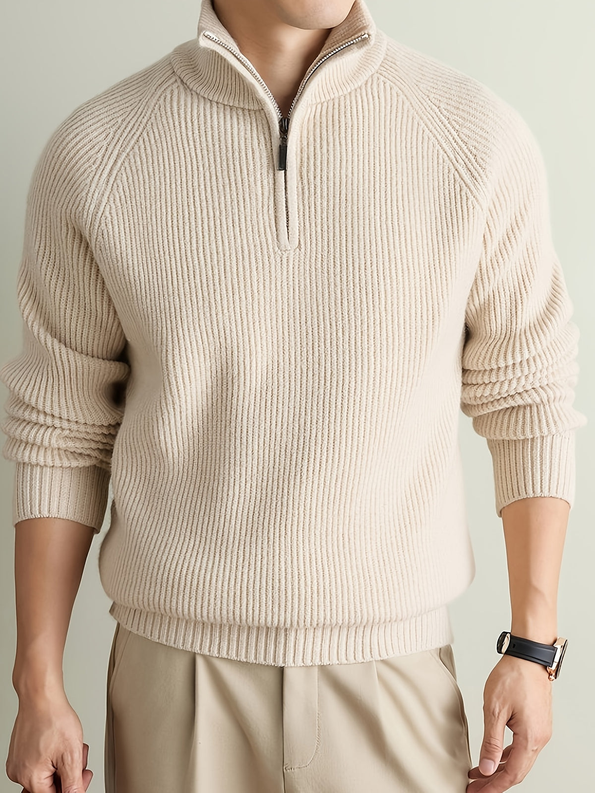 Men's Solid Gray Half-Zip Sweater with Stand Collar & Raglan Sleeves - Warm Winter Knit Pullover, Loose Fit Vertical Rib Texture Suitable for Casual and Light Business Wear, Machine Washable Fall/Winter Sweater - Beige Color
