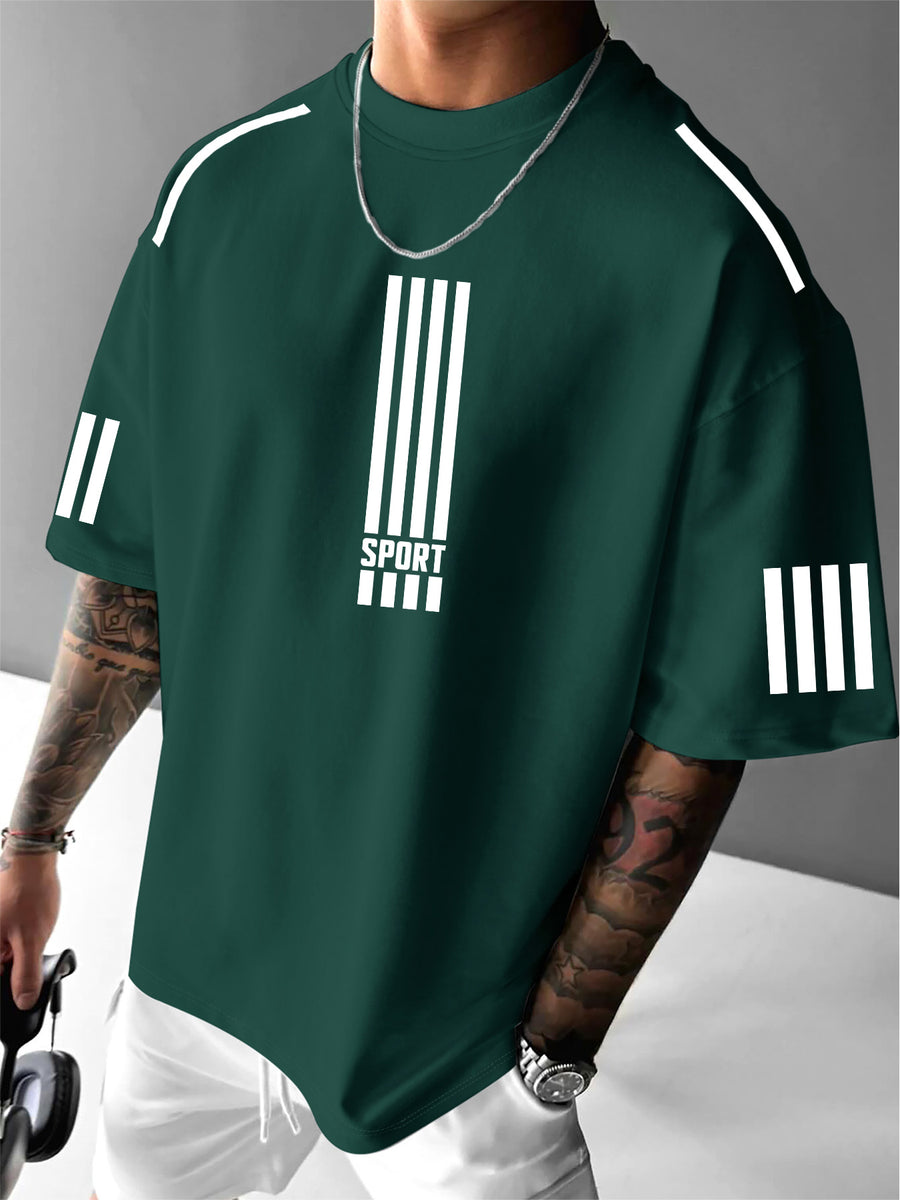 Men'S Sport Print T-Shirt, Casual Street Style, Fashionable And Versatile, Summer Short-Sleeve Round Neck Top, Suitable for Sports Enthusiasts And Urban Symbol Lovers - Dark Green