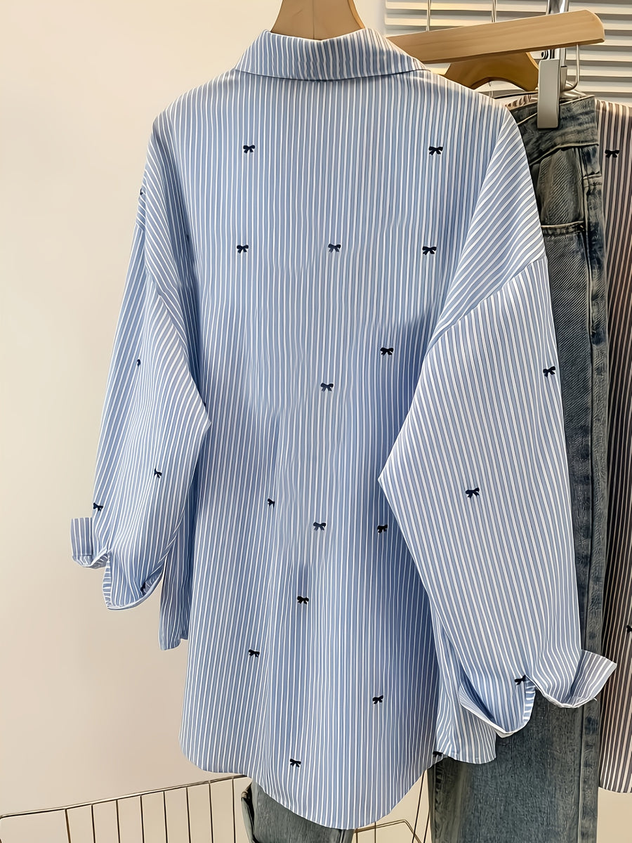 Elegant Special Edition Women's Printed Striped Shirt - Long Sleeve Button- Shirt with Classic Collar, Suitable for Office, Commuting, or Formal Events, Office Attire, Sophisticated Casual - Mixed colors
