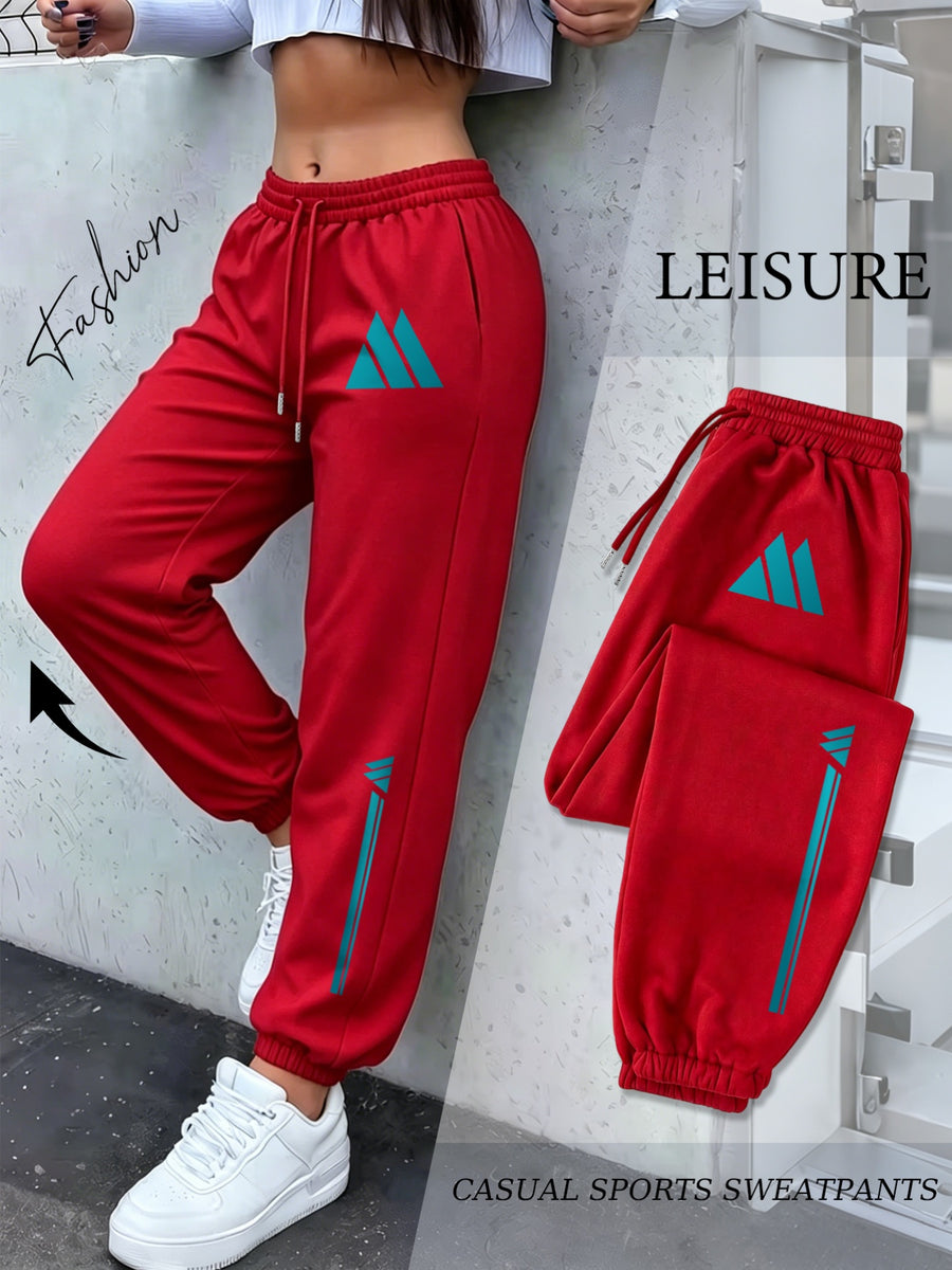 Turquoise Blue Mountain Triangle Geometric Vertical Stripe Print Ankle-Cinching Joggers Women'S High-Waist Drawstring Loose Outdoor Casual Trousers - Red