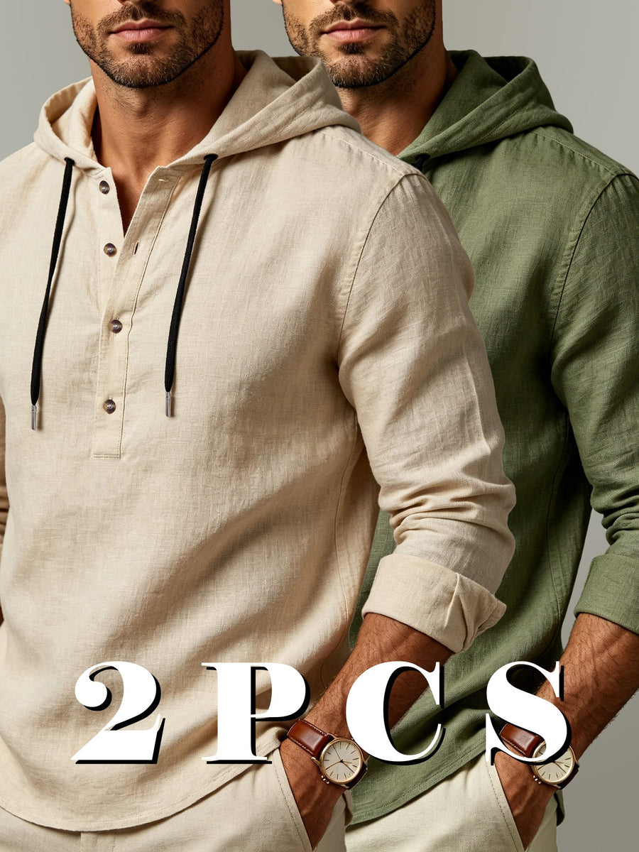 2pcs Men'S Linen-Like Hooded Henley Long Sleeve Sweatshirt Set, Breathable Thin Solid Color Half-Open Placket Casual Pullover Henley Shirt, Soft Comfortable Textured Fabric Fresh And Non-Stuffy, Loose Slimming Versatile Fit - 2pcs【Apricot + Army Green】