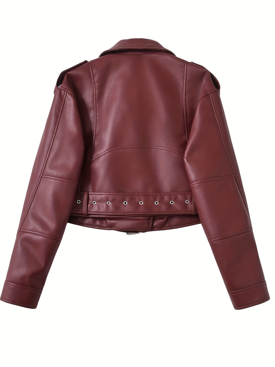 2025 Short Faux Leather Jacket Spring Autumn American Retro Temperament Biker Jacket Top Women'S Clothing - Deep Red