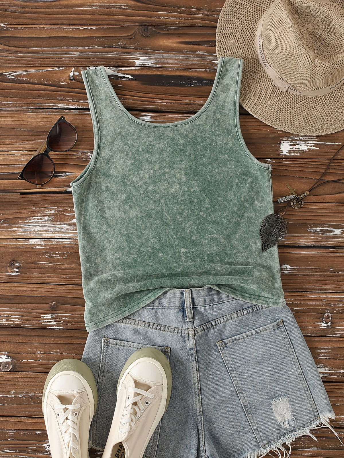 Ladies' Fashion Trend Fried Snowflake Washed - Angel Creative Pattern Printed Sleeveless Vest - Dark Green