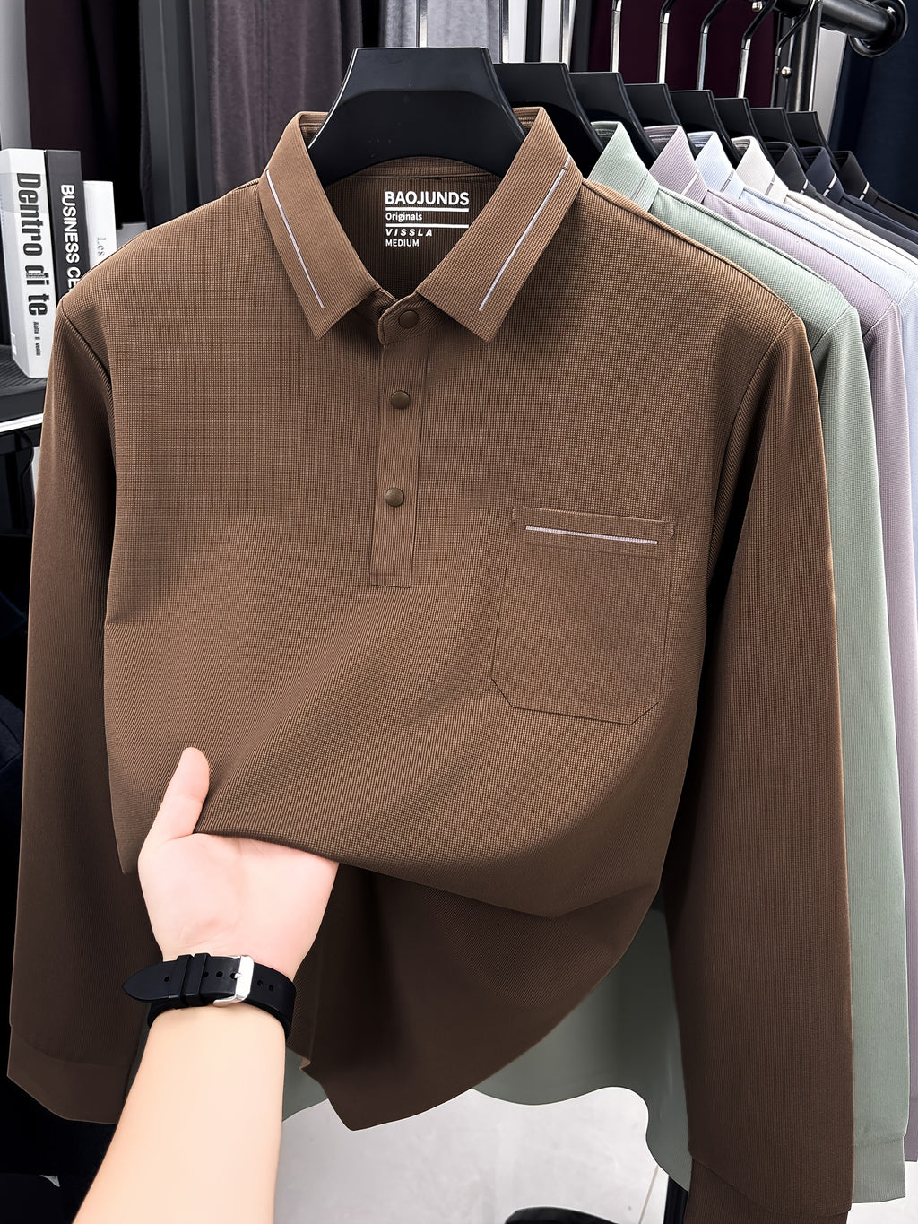 Autumn New Arrival Men's Fashion Long-Sleeve Polo Shirt, Versatile Casual Button- Lapel Seamless Men's Long-Sleeve Top, Suitable for Business Casual Outings, Dates, and Walks, an Essential Top for Casual Attire - Coffee Color