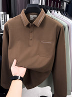 Autumn New Arrival Men's Fashion Long-Sleeve Polo Shirt, Versatile Casual Button- Lapel Seamless Men's Long-Sleeve Top, Suitable for Business Casual Outings, Dates, and Walks, an Essential Top for Casual Attire - Coffee Color