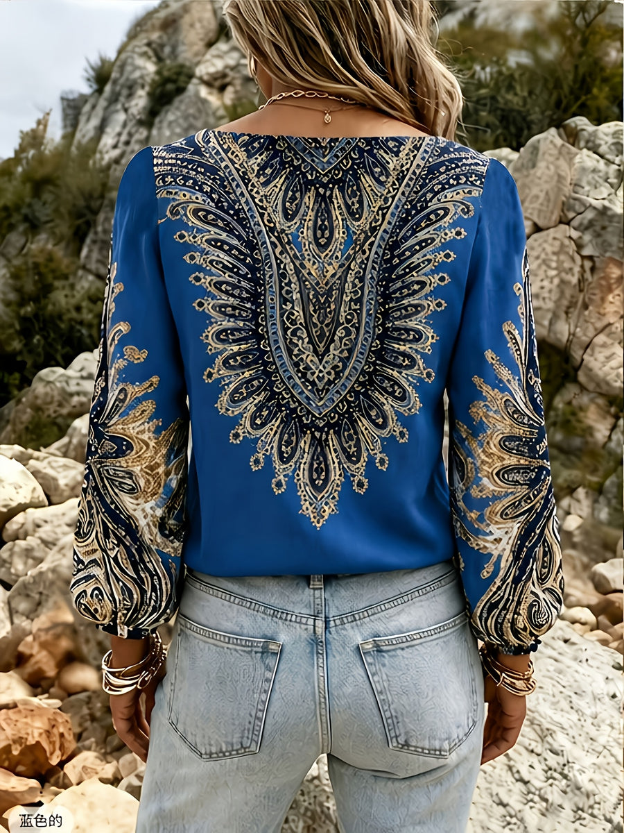 Ladies V-Neck Lantern Sleeve Top - Blue