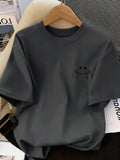 Women's High-Elastic Blouse T-Shirt Suitable for Café Visits, Picnic & Home Wear - Minimalist Smiling Face Print Round Neck Top, Machine Washable Non- Shirt for - Casual Outfits (Age-Reducing Versatile Wardrobe Staple) - Dark Gray