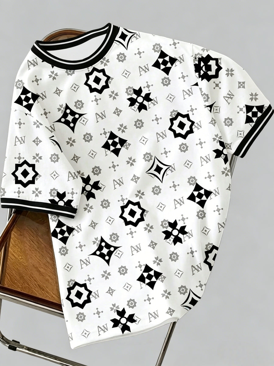 Men'S Geometric Pattern T-Shirt, Print on Premium Ink Round Neck T-Shirt, Breathable Fabric, Casual Street Style Short Sleeve Round Neck T-Shirt, Summer Fashion Choice, Street Trendy Style - Mixed colors