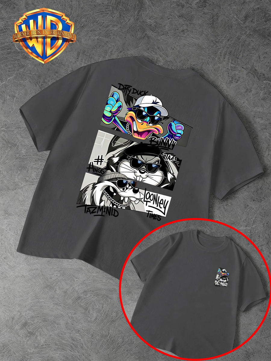 Warner Bros. Official Men's Casual T-Shirt with Double-Sided Print, Featuring a Spliced  Character Streetwear Graphic. Breathable and Comfortable, Versatile for Casual Wear. Print Is Durable, Crack-Resistant, Machine Washable, and Fade-Resistant. - Dark Gray