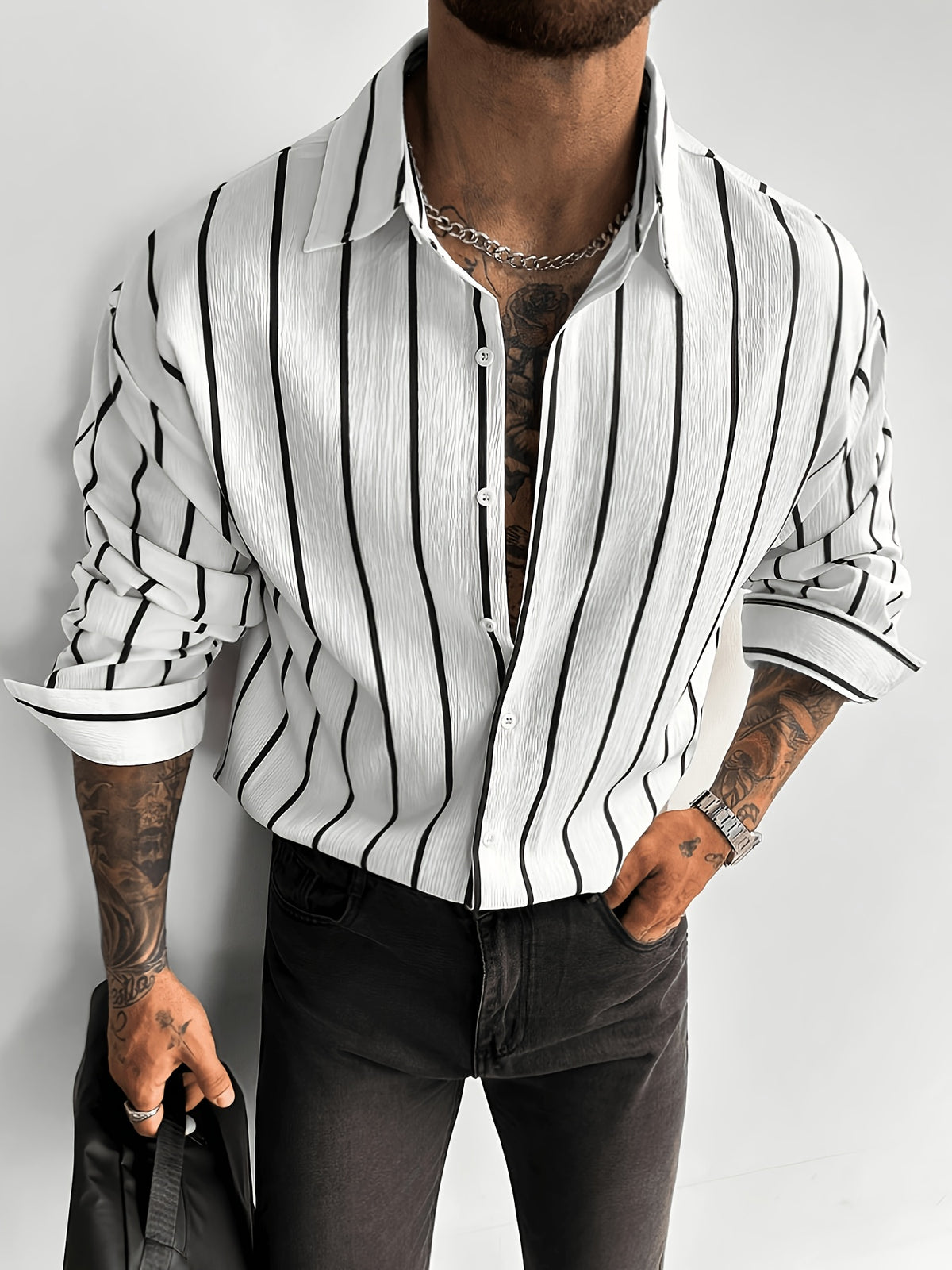 Men's Black and White Vertical Striped Pleated Texture Long Sleeve Shirt, Loose Fit Lapel Collar Casual Versatile Draping Top - White