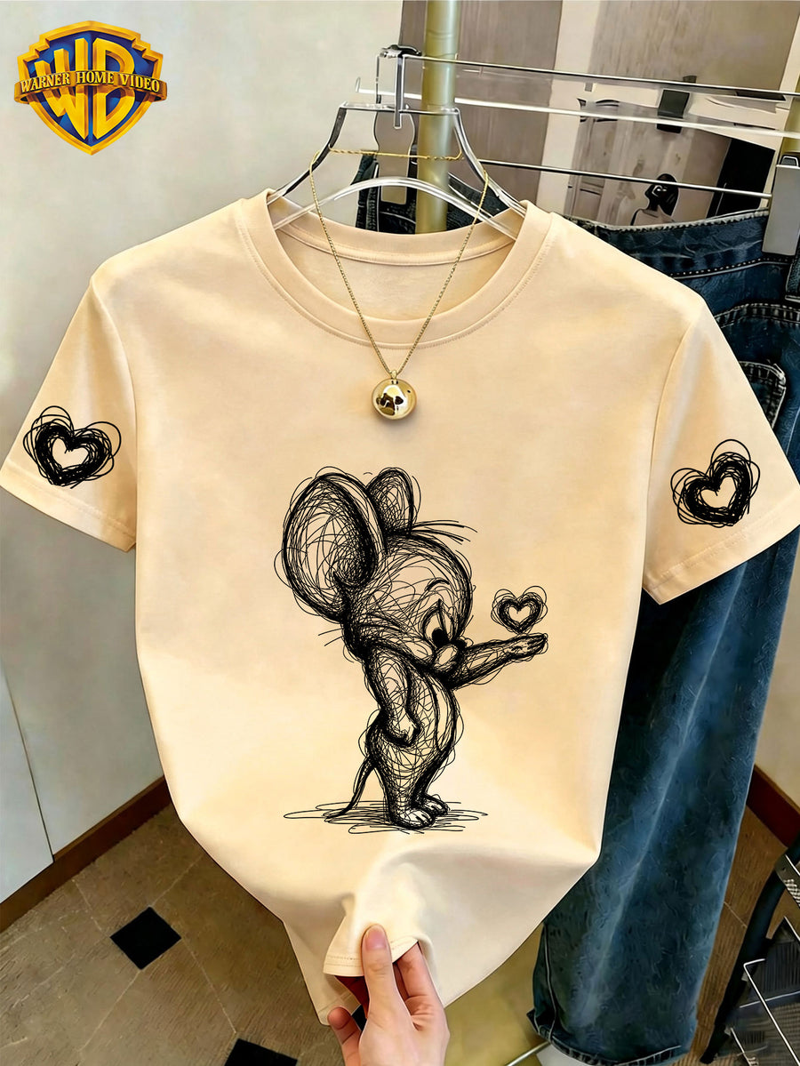 WB Women's Officially Licensed. Mouse & Hearts T-Shirt - Cute Mouse Sketch Short Sleeve Crew Neck Top with Double Heart Cuff Decorations, Casual Summer Suitable for Daily Commute, Home Wear, & Office Outfits - Apricot