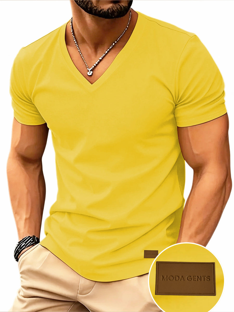 180g 100% Men's V-Neck T-Shirt, Solid Color Short Sleeve Top, Casual Base Layer, "MODA GENTS" Brand, Men's All-Season Daily Wear, Father's Day Gift, Back-to-School Season, Dates & Dinner Parties, Designed Clothing - Yellow