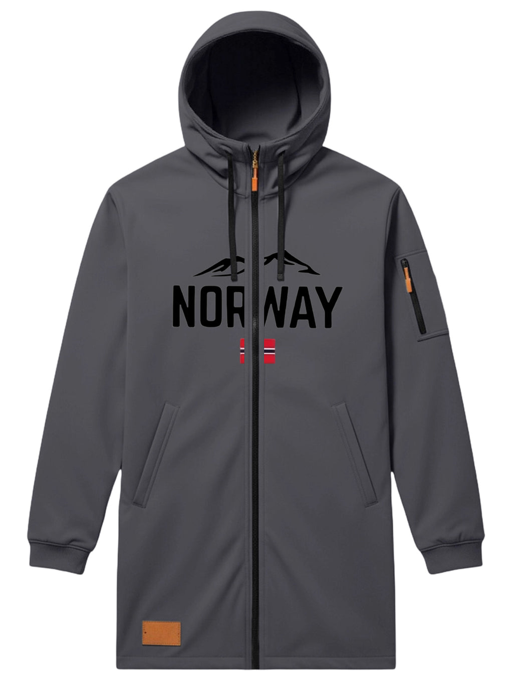 Men'S Long Hooded Trench Coat with Full Zipper, Featuring NORWAY Themed Letters, Mountain And Flag Prints, Side Arm Zip Pockets, And a Leather Label at The Hem - Dark Gray
