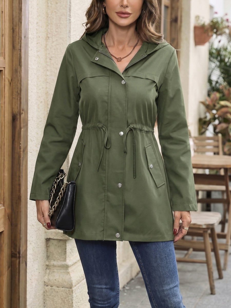 Spring And Autumn Styles. Casual Workwear, Drawstring Waist Belt, Hooded Jacket - Olive Green