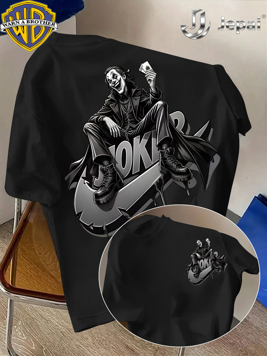 Warner Exclusive, Vintage Street Style DC Joker Themed Print Men's Summer Basic Daily Casual Short-Sleeve Top, Casual Crew Neck Shirt, Suitable for Outdoor Wear, Fitness, Office, and Daily Outfits, an Essential Item for Men's Basic Wardrobe - Black