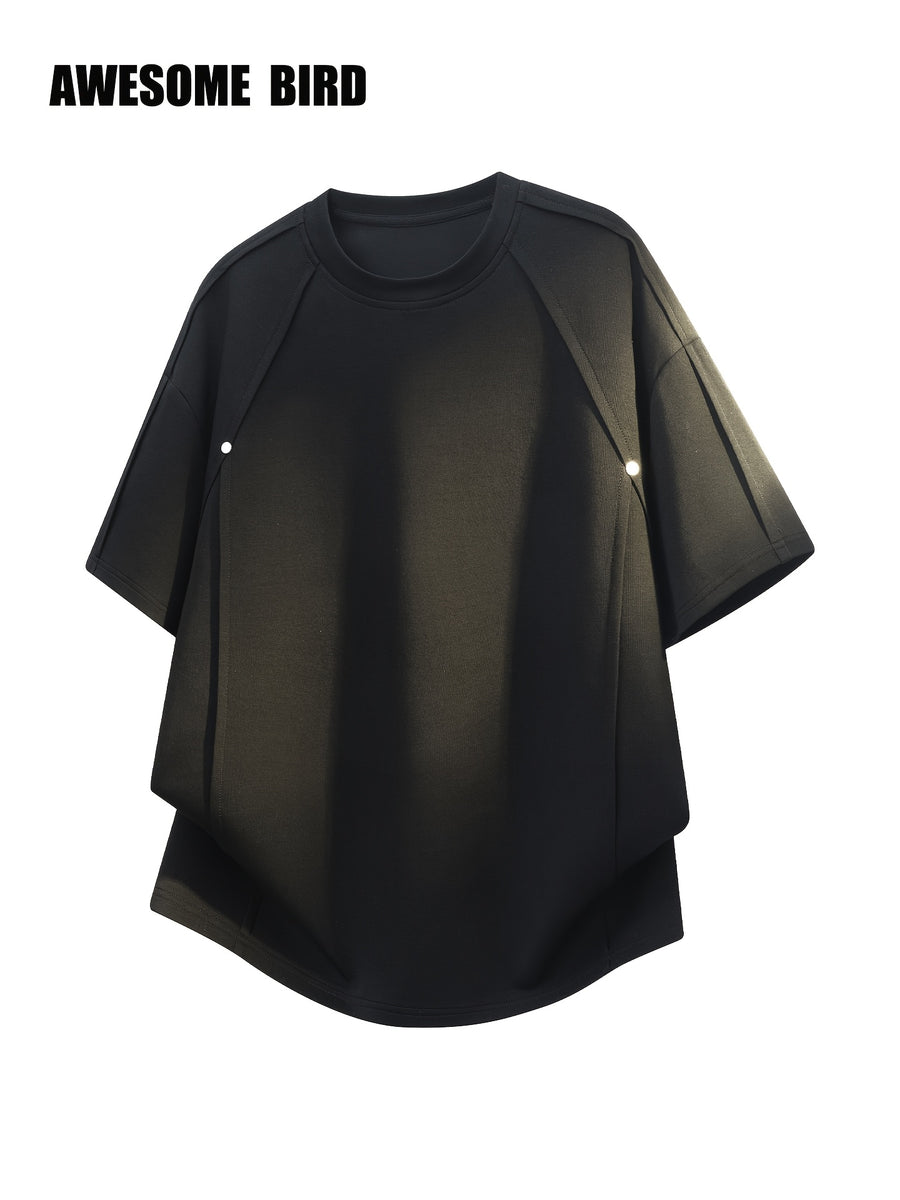 American-style Heavyweight Deconstructed Rivet-Patch Short-Sleeve T-Shirt for Men, Summer Lightweight Fiber Fabric Quick-Dry Loose Fit Tee - Black