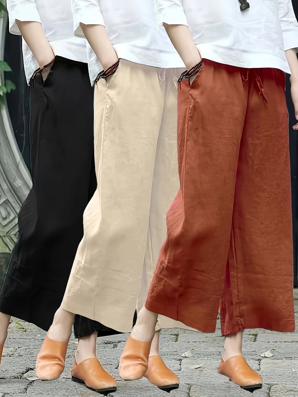 3pcs Set of Elegant Loose Breathable Wide-Leg Trousers Ankle Pants - Black+Khaki+Carmine