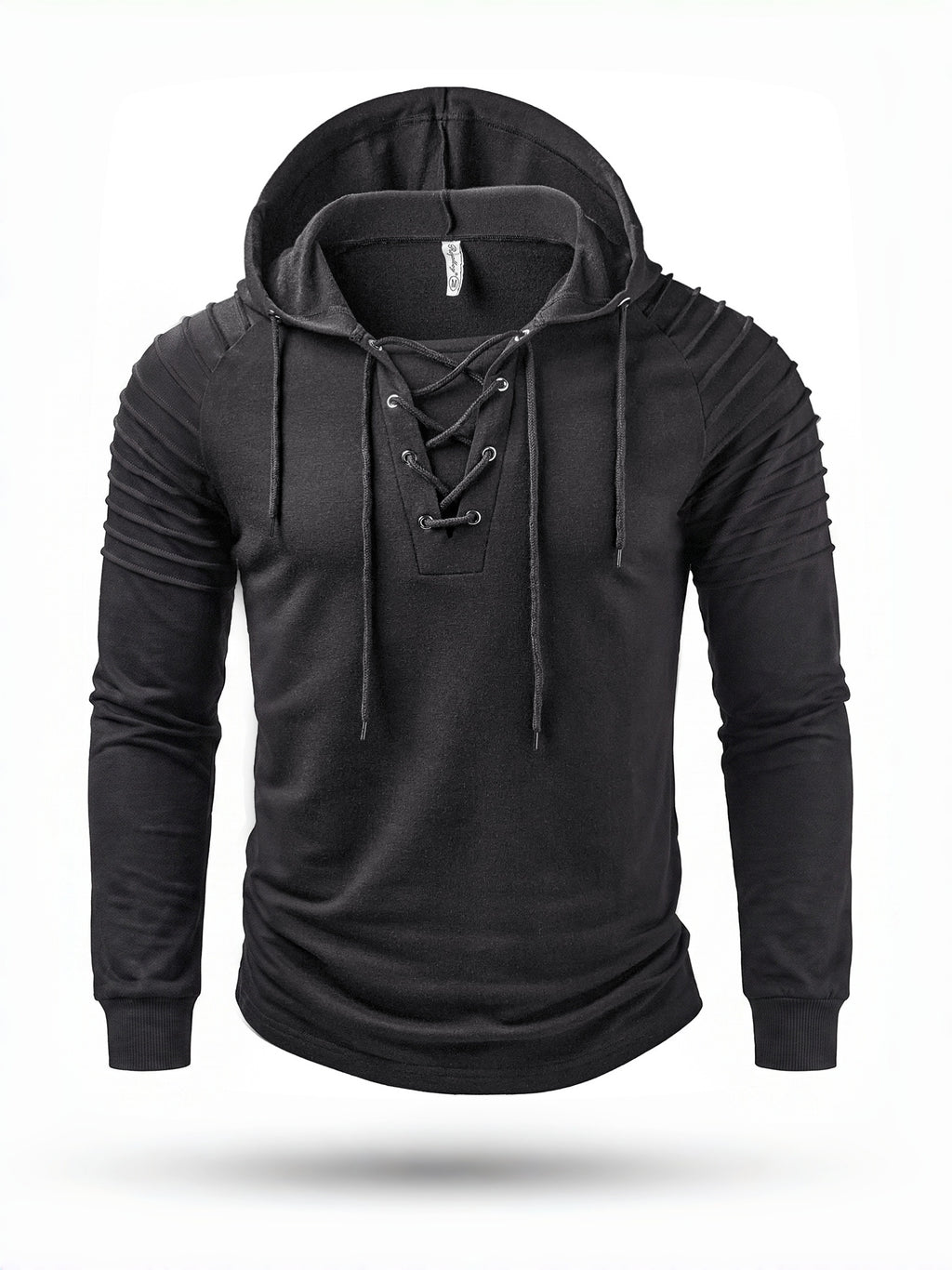 ROYALBOY Men's Summer Short-Sleeve Solid Color Perforated Drawstring Hooded Striped Design, Suitable for Casual Sportswear - Black