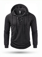 ROYALBOY Men's Summer Short-Sleeve Solid Color Perforated Drawstring Hooded Striped Design, Suitable for Casual Sportswear - Black