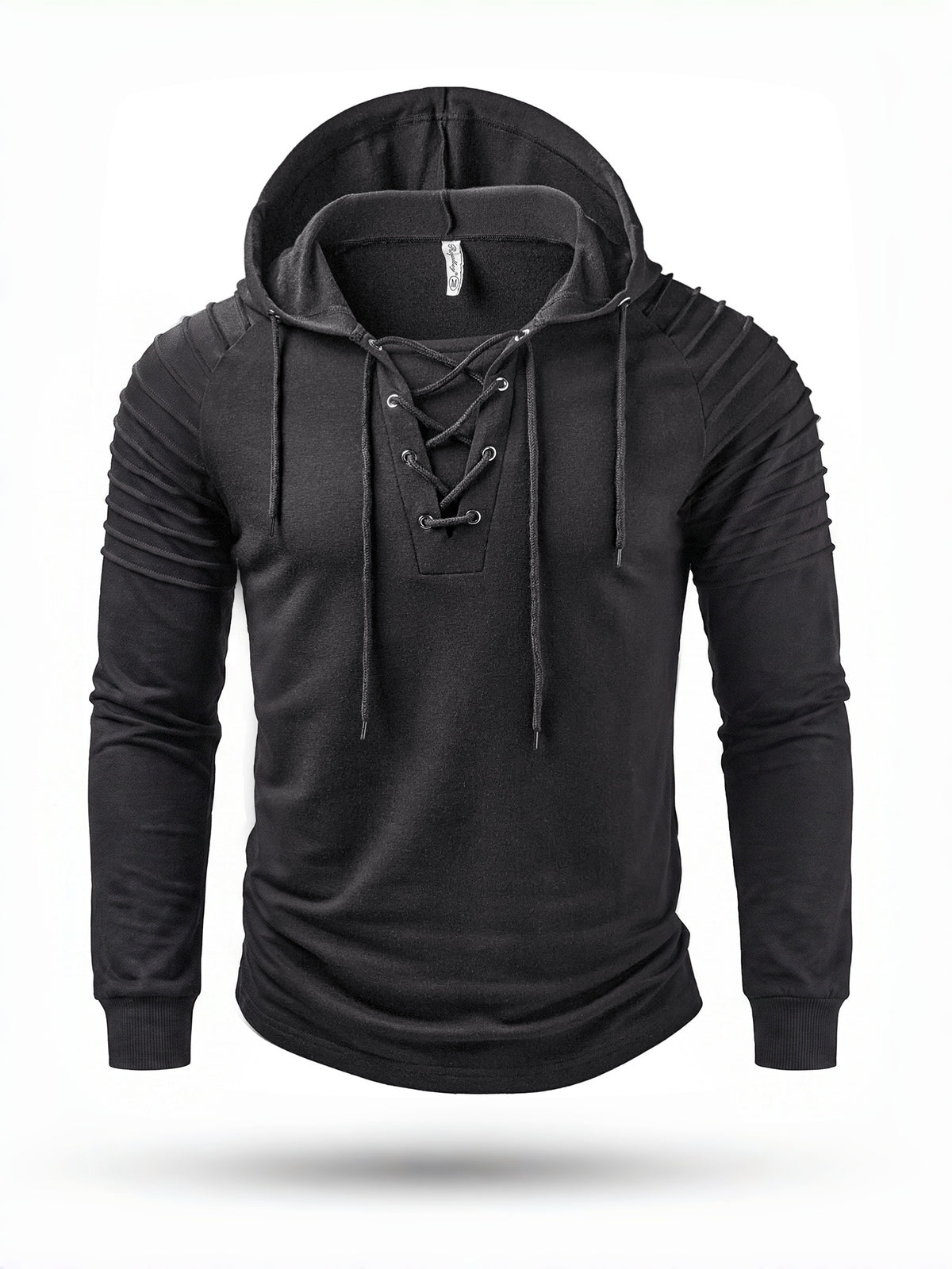 ROYALBOY Men's Summer Short-Sleeve Solid Color Perforated Drawstring Hooded Striped Design, Suitable for Casual Sportswear - Black