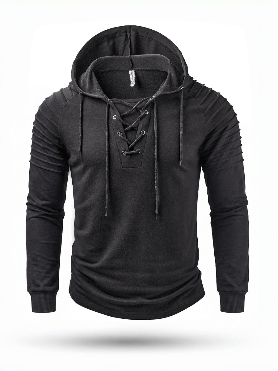 ROYALBOY Men's Summer Short-Sleeve Solid Color Perforated Drawstring Hooded Striped Design, Suitable for Casual Sportswear - Black