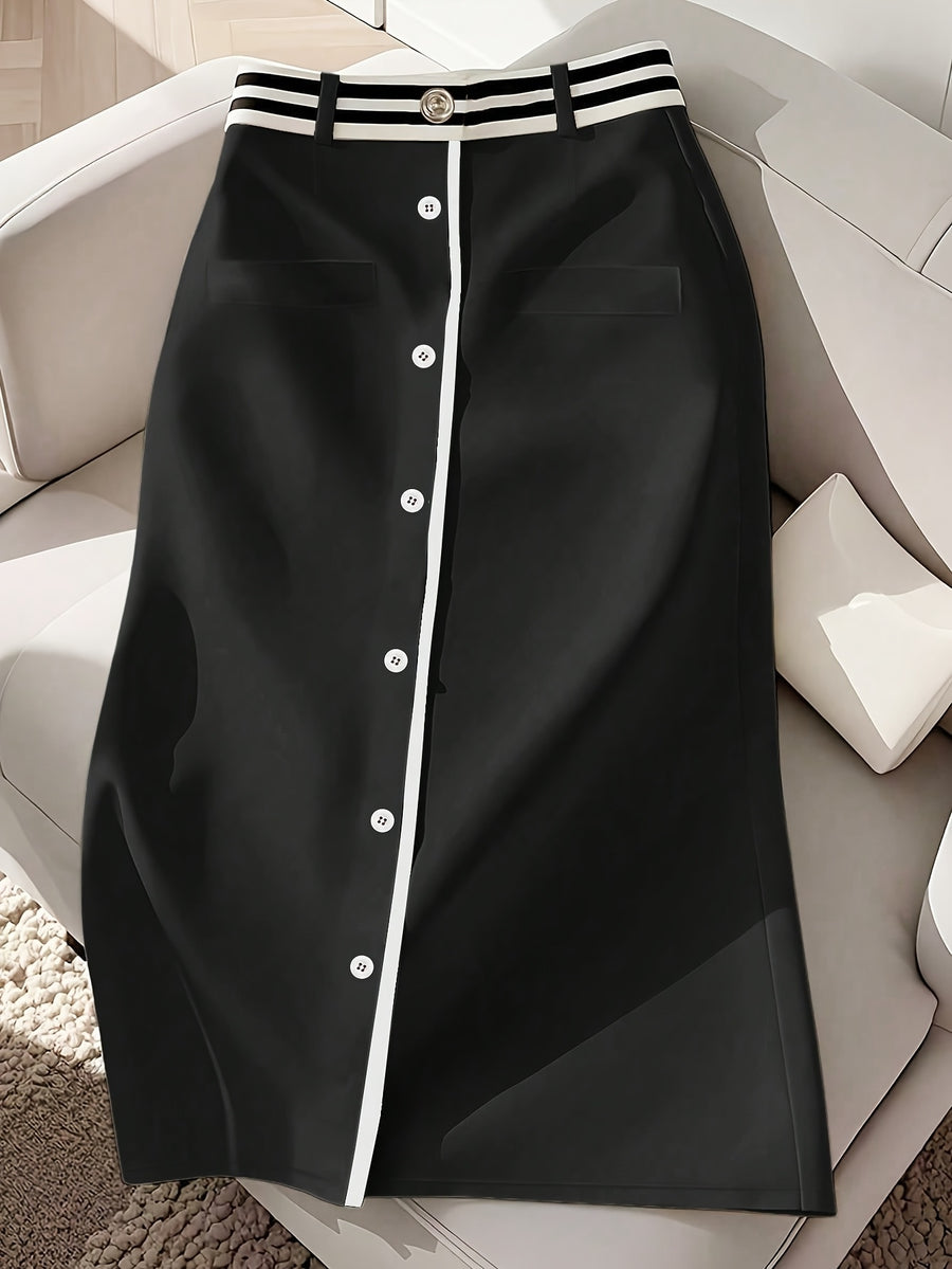 Elegant White High-waist Pleated Skirt with Black Button Accents - Stylish Polyester Fabric, Suitable for All Seasons, a Spring Fashion Choice | Elegant Dress - Black