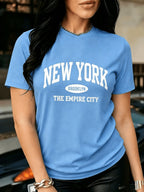 Light Blue Oversized Women'S T-Shirt, Soft with NEW YORK BROOKLYN THE EMPIRE CITY Letter Print, Multiple Specifications Available, Casual Loose Top for Everyday Outdoor Street Wear - Blue