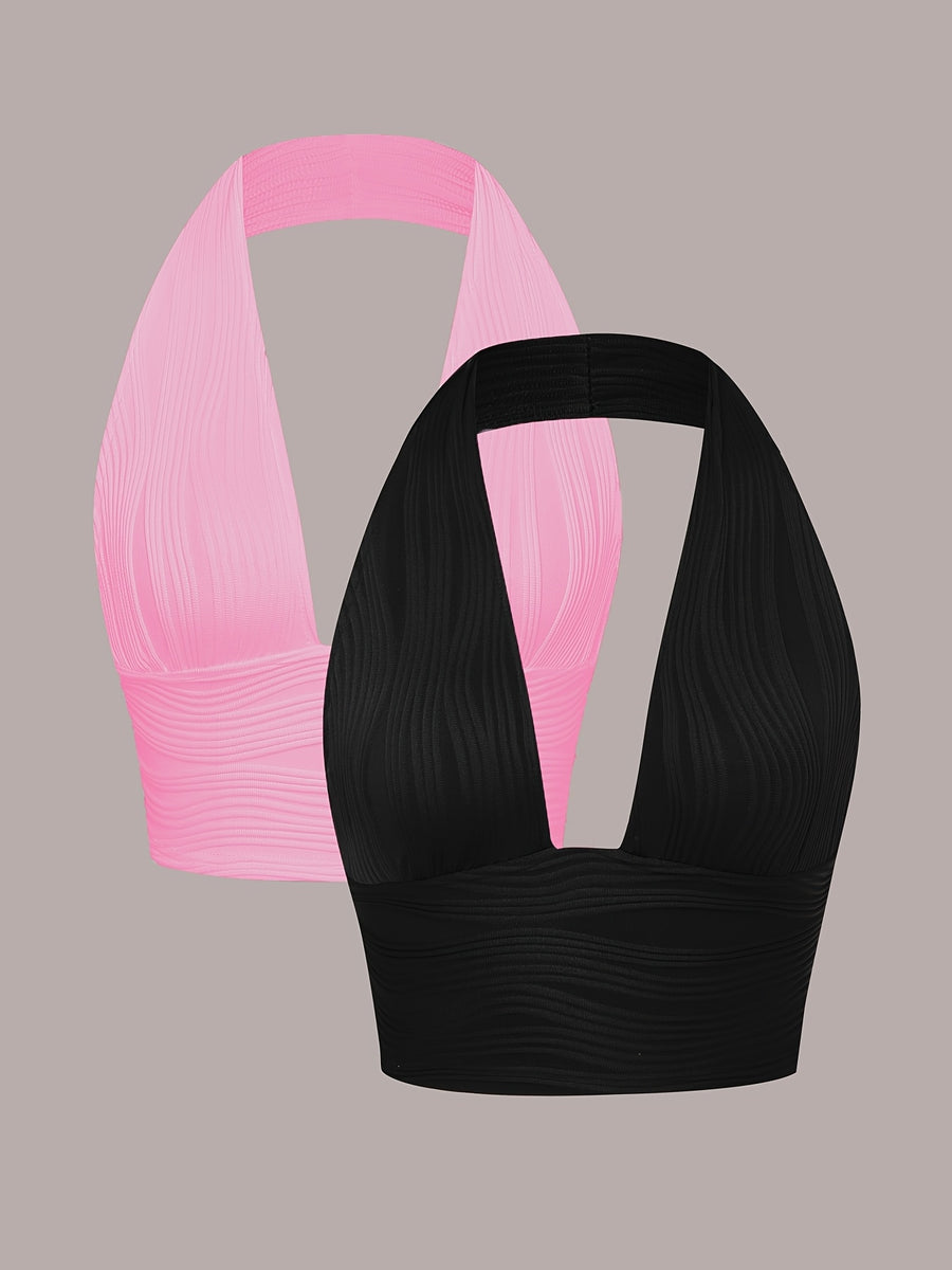 Solid Color Backless Crop Top Sexy Halter Neck Top Two-Pack, Elegant Women's Crop Top, Casual and Elegant Beach Outing Women's Vacation Wear, Sleeveless Tank Top, Camisole Tank Top, Summer Clothing, New Summer Arrivals - Mixed Color 1