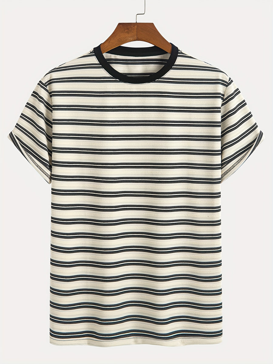 1pc Men's Summer Knit Striped T-Shirt - Soft Breathable Fabric, Classic Round Neck Short Sleeve, Regular Fit for Casual & Outdoor Wear, Multi-Color Striped Design, Daily Outfit, Lightweight Shirt, Basic Tee, Casual Attire - Milky