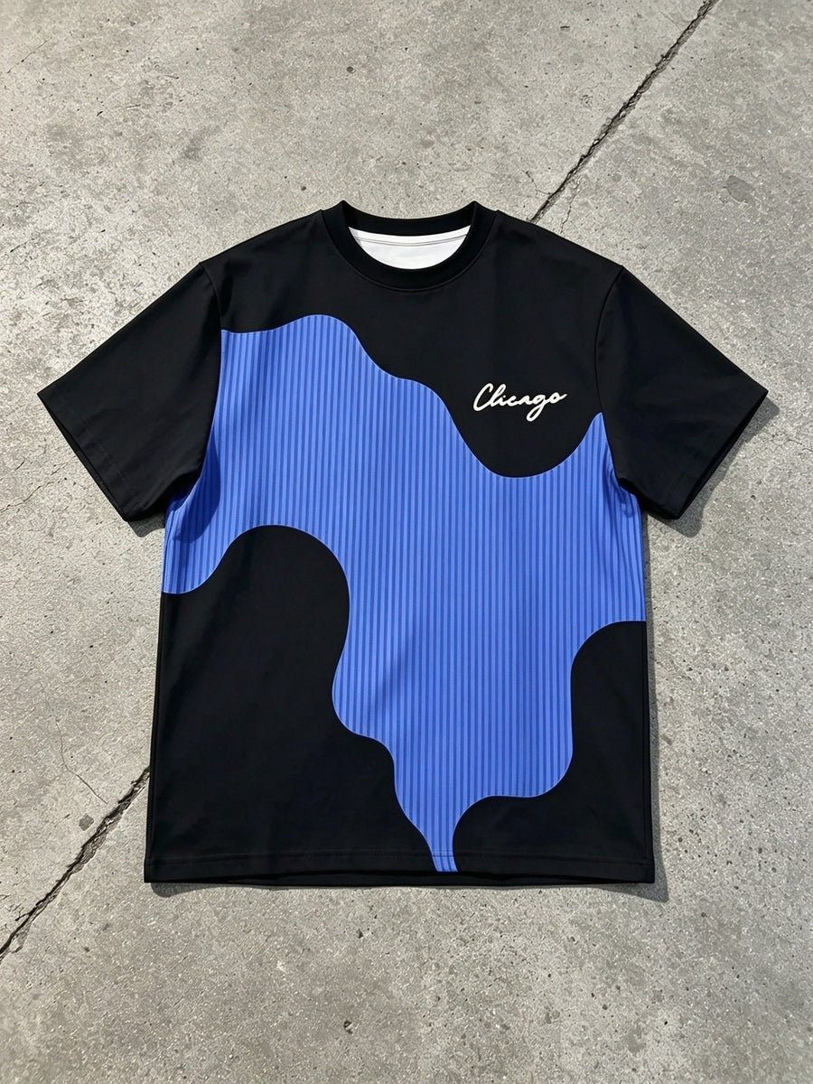 Men's Casual Crew Neck T-Shirt, Geometric Pattern Patchwork Stripe Design, "Chicago" Word Graphic, Machine Washable Polyester Fiber, Stylish Top for All Seasons, Breathable Regular Fit for Daily and Formal Wear - Crew Neck Casual Top - Mixed Color 2