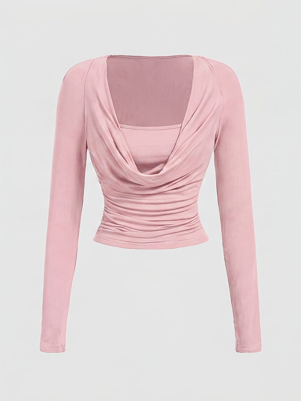 Ruffle Round Neck Slim Fit Long Sleeve T-Shirt, Burgundy, Halloween, Party, Outing, Western, Rural, Ruffled Top, Pleated Top, Long Sleeve Top, Red Top - Pink