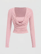 Ruffle Round Neck Slim Fit Long Sleeve T-Shirt, Burgundy, Halloween, Party, Outing, Western, Rural, Ruffled Top, Pleated Top, Long Sleeve Top, Red Top - Pink