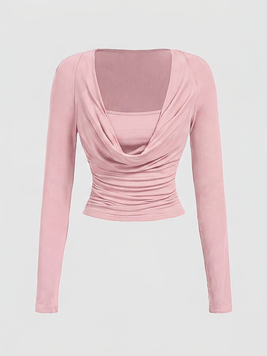 Ruffle Round Neck Slim Fit Long Sleeve T-Shirt, Burgundy, Halloween, Party, Outing, Western, Rural, Ruffled Top, Pleated Top, Long Sleeve Top, Red Top - Pink